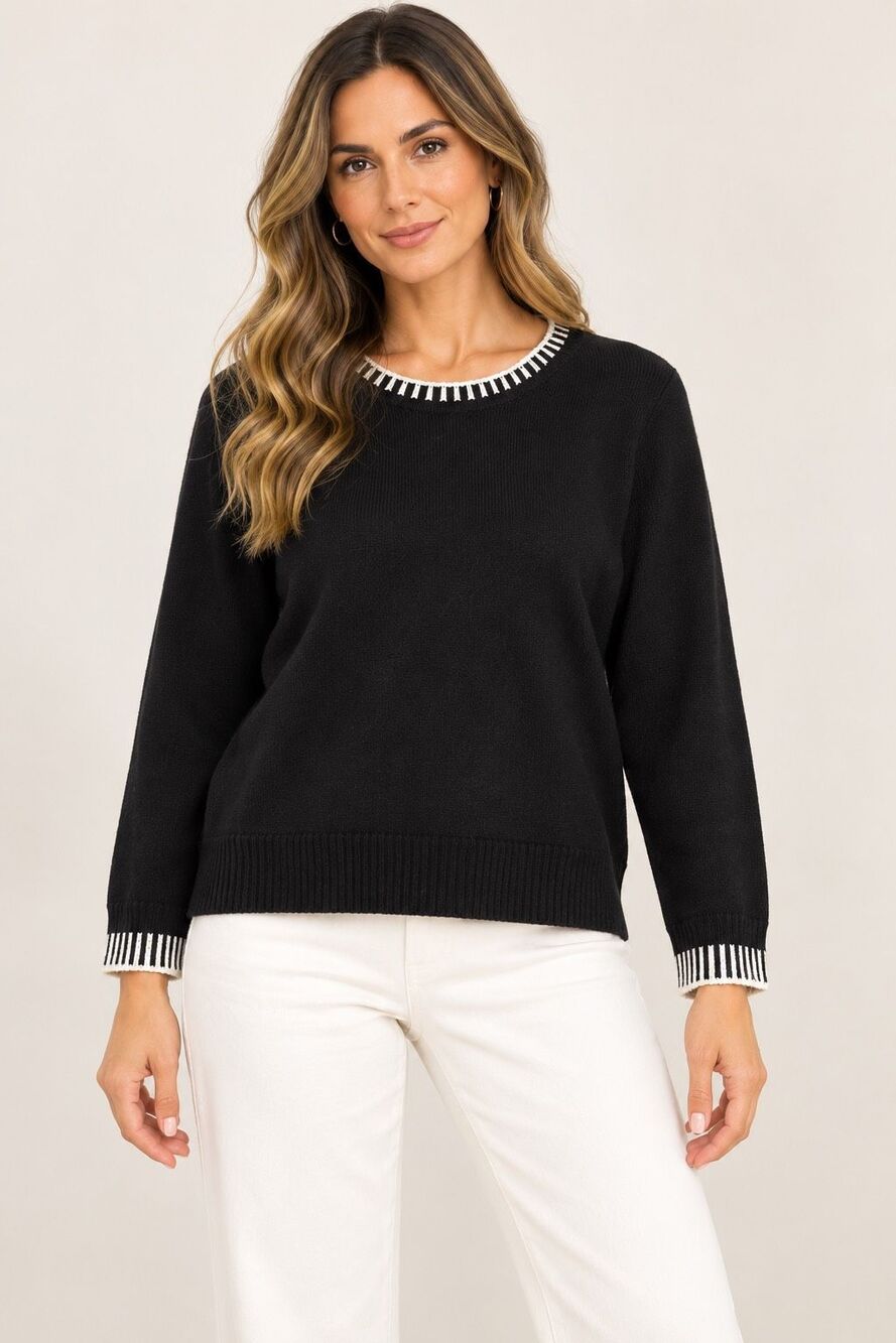Tahari Black Sweater Soft Knit White Trim Crewneck Long Sleeve Size L